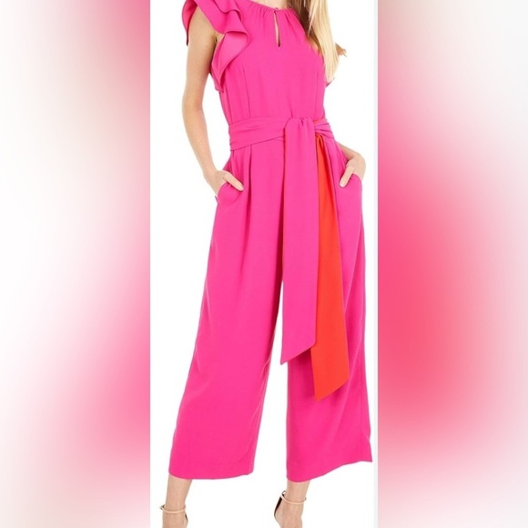 NWT, J. Crew Ruffle Sleeve Pink Jumpsuit with Tie Belt, Size 8 - Picture 2 of 10